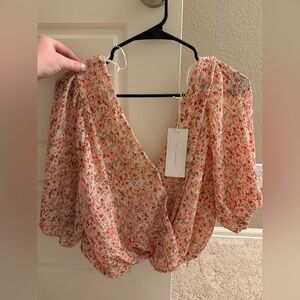 NWT Lush Floral Puff Sleeve Crop Top Tie Front Blouse Size Large